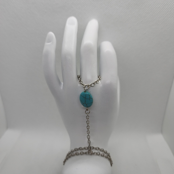 Boho Retro Celebrity Turquoise Slave Chain Ring Bracelet Hand Harness - Picture 3 of 8